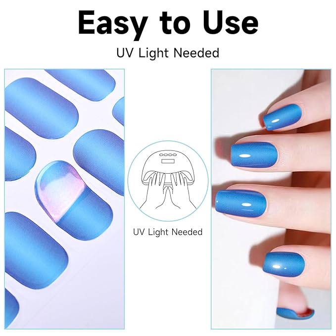 Semi Cured Gel Nail Strips, 28 pcs Gel Nail Stickers Work with Any UV Lights, Long-Lasting Nail Wraps, Stick on Nails for women Easy to Apply & Remove