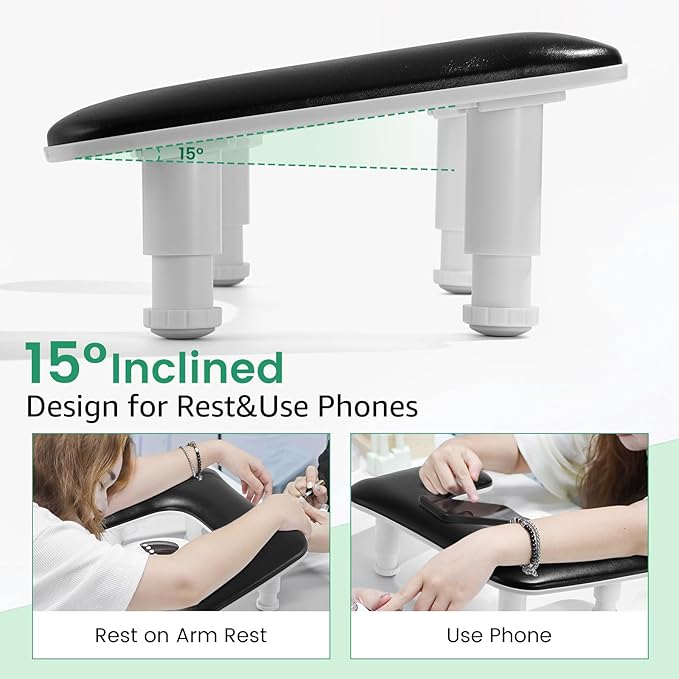 Big Arm Rest for Nails Tech: 2nd Generation U-Shaped Manicure Nail Arm Rest Stand Height Adjustable Armrest Microfiber PU Leather Hand Rest Pillow for Acrylic Nails (Black)