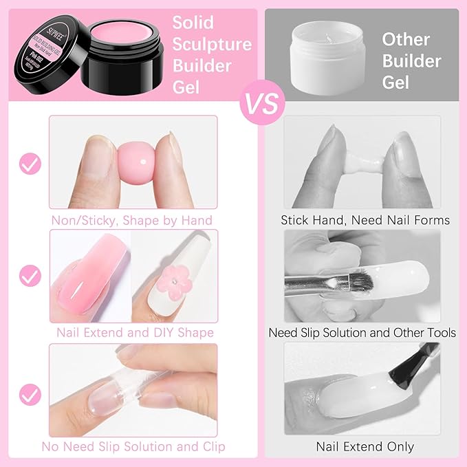 Solid Builder Gel for Nail Extension Non Stick Hand Scupture Hard Gel with Dual Form Nail Brush Tool for Home DIY Manicure 7 Colors 14g(0.49 oz)