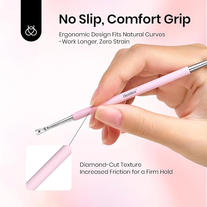 Beetles Cuticle Pusher Dual Ended Cuticle Remover with Round End Push Back Cuticles Fork End Remove Lifted Cuticles Nail Prep Tool Stainless Steel Pink Two in One Dead Skin Nail Scraper