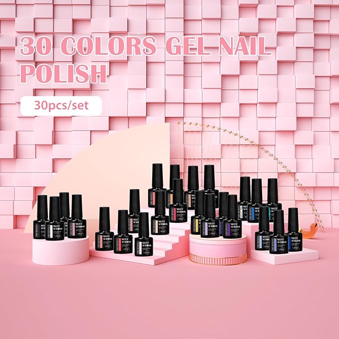 MEET ACROSS 30pcs Gel Nail Polish Set, 30 Colors Gel Polish All Seasons Nude Pink Blue Glitter Gold Silver Black White Nails Art Kit DIY Salon at Home