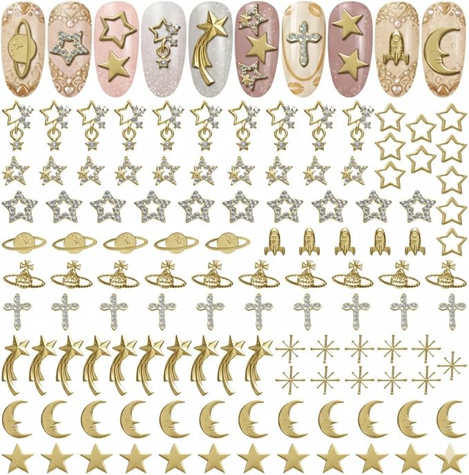 110 Pcs Gold Star Nail Charms – Complete Gold Nail Charms and Gems Kit with Stars, Planets, Moon, Crosses & Rockets – Designed for Creating Detailed, Custom Manicure Designs with Easy Application