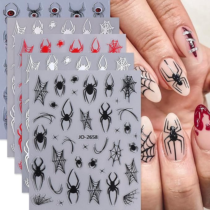Halloween Nail Art Stickers Decals 5D Embossed Spider Nail Stickers Spider Web Nails Decal Self-Adhesive Design Nail Art Decal for Women Halloween Decor (5 Sheets)