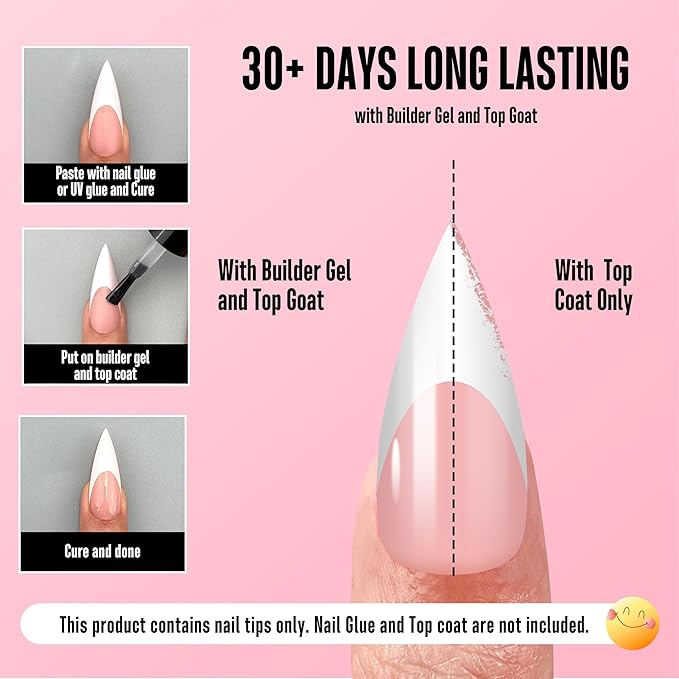 NOVO OVO White French Tip Sharp Stiletto Pointed Medium Long Nail Tips Press on Baby Pink, Soft Gel Fake Acrylic Extension, Full Cover False Nails for Salon DIY x 16 Sizes 160 pcs
