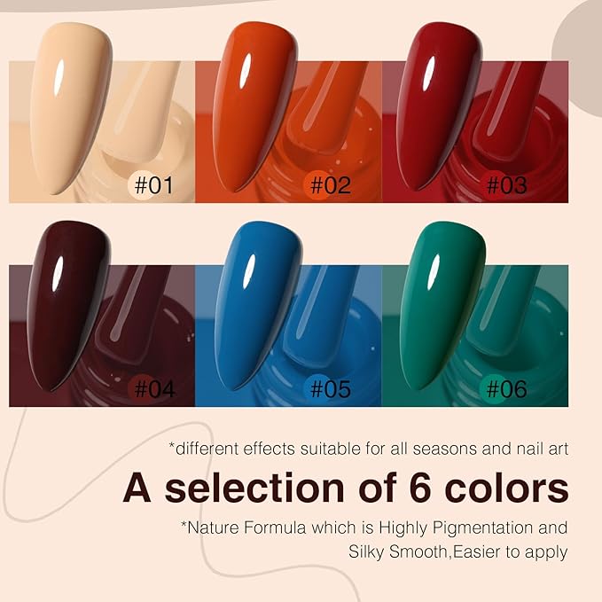 Gel Polish Set of 6 Colors 12ml with Red Blue Green, Gel Polish Kit for Salon DIY at Home, Soak Off LED UV Gel Nail Polish, Gifts for Women Girls