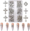 3D Cross Nail Charms for Nail Art, 60 Pcs Metal Crystal Cross Nail Decorations, Alloy Nail Studs and Rhinestones for Women Girl DIY Jewelry Crafts Supplies (Silber B)