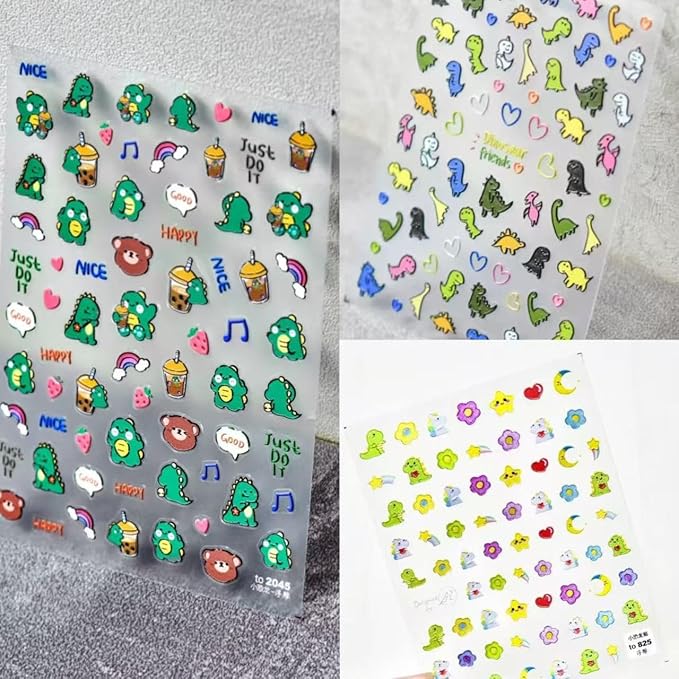 Dedyel 5D Embossed Cute Dinosaur Nail Art Stickers Cartoon Kawaii Design Anime Self Adhesive Nail Stickers for Women Kids Girls Nails Art Decorations