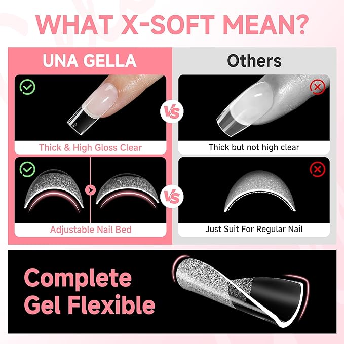 UNA GELLA Square Nail Tips X-Soft Thicker Flexible Gel Nails 330PCS Pre-etched Square Nail Tips Press on Full Cover Acrylic Fake Nails Strength Clear Nails for Nail Extensions DIY Salon 15 Sizes