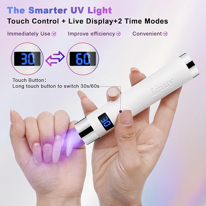 Mini UV Light for Nails with Auto Sensor & Gooseneck Stand,Portable Cordless Nail Lamp Flash Cure Lamp with LCD Display,Handheld UV Light for Gel Nails at Salon & Home Use (White)