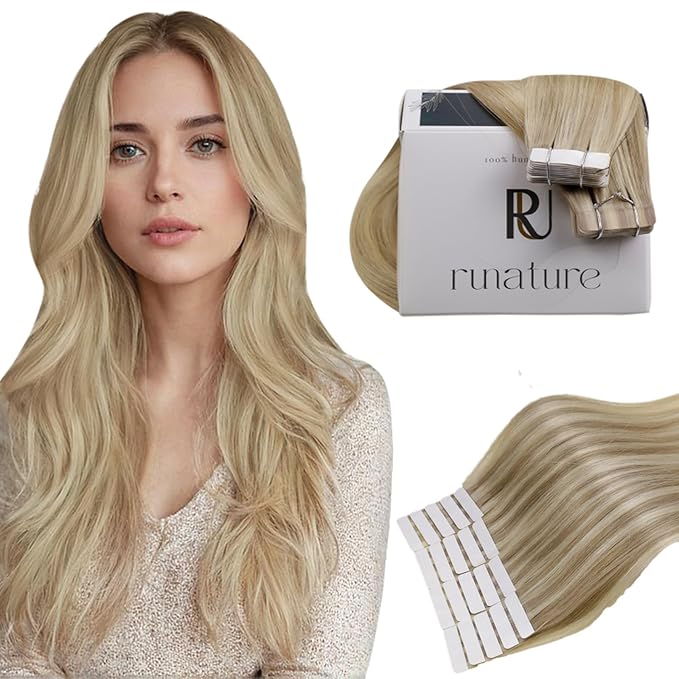 RUNATURE Tape in Human Hair Extensions Blonde Straight Human Hair Tape in Extensions Golden Blonde Mix Light Blonde Tape in Hair Extensions 16 Inch Soft Hair Extensions Tape in Blonde 50g 20pcs