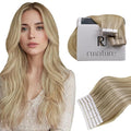RUNATURE Tape in Human Hair Extensions Blonde Straight Human Hair Tape in Extensions Golden Blonde Mix Light Blonde Tape in Hair Extensions 16 Inch Soft Hair Extensions Tape in Blonde 50g 20pcs
