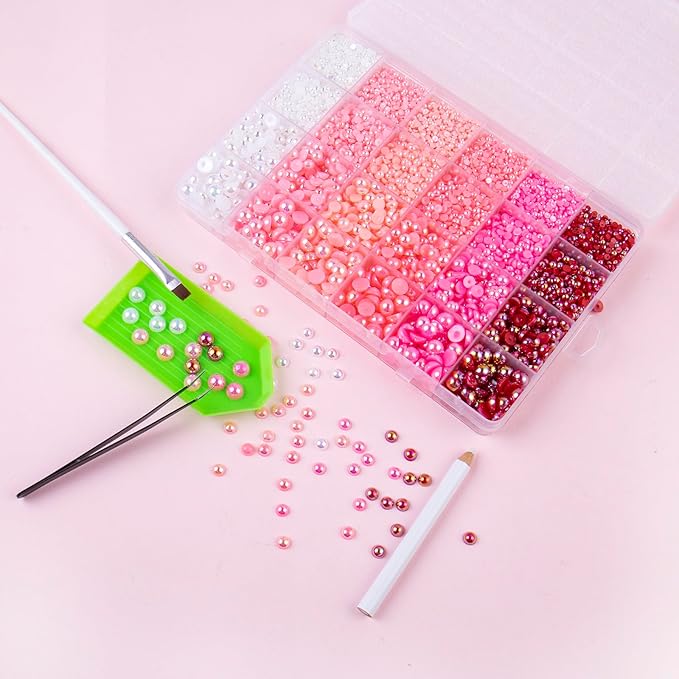 9960 Pink AB Pearls Rhinestones, Assorted Size 3/4/6/8mm Flatback Half Pearls for Crafts, Tumblers, Shoes, Nails, Face Art