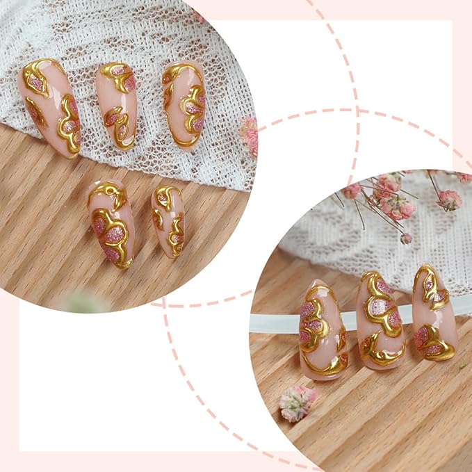 Gold Press on Nails Flower Fake Nails Medium Almond False Nails Press ons with Gold Floral Design,Reusable Artificial Nails Glossy Full Cover Stick on Nails for Women Manicure 24 Pcs