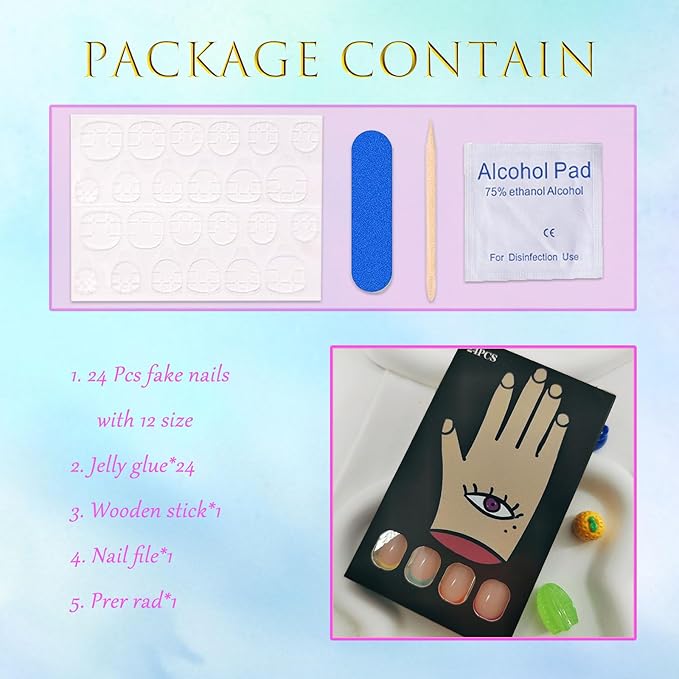 Colorful French Tip Press on Nails Short Square Cute Rainbow Fake Nails Press ons Glossy Full Cover Glue on Nails Natural Nude False Nails Acrylic Stick on Nails for Women Girls 24 Pcs