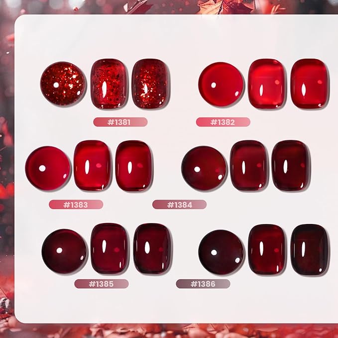RARJSM Jelly Stained Glass Gel Nail Polish Set 6pcs Clear Glazed Amber Burgundy Cherry Wine Red Glitter Series Crystal Transparent Sheer Gel Varnish Curing Requires Soak off Christmas Manicure