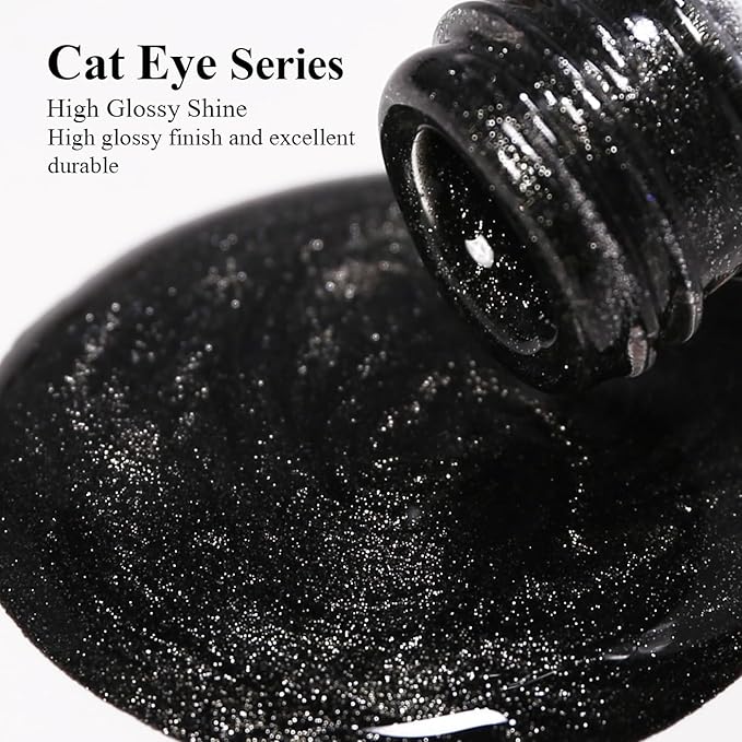 Imtiti Cat Eye Gel Nail Polish, 15ML Black Holographic Glitter Cat Eye Magnetic Gel Polish with Magnet UV LED Crystal Galaxy Sparkly Home DIY Manicure Nail Salon Kit