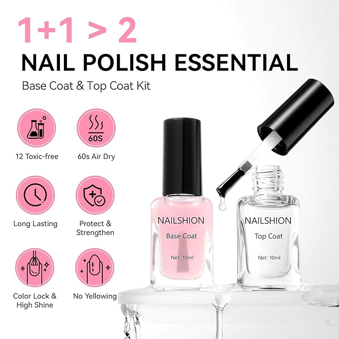 Clear Top Coat and Sheer Pink Base Coat Ridge Filler Strengthening Anti Chip Nail Polish, Non Gel, Rich in Castor Oil, Salon Quality, High Glossy Quick Dry Home DIY Nail Art Gift Set