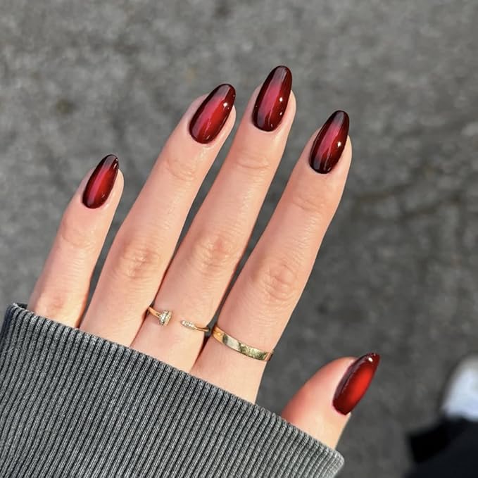 Red Black Ombre Press On Nails Almonds Medium Length - Acrylic Fake Nail, Reusable Glue On Stick On Nails, Fall Halloween Designer Nails for Women, Gradient False Nail, Hallows' Day Gift