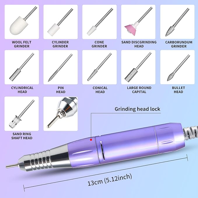 Professional Electric Nail Drill Kit 45000RPM with Bits and Base Purple Portable Rechargeable Cordless Nail E- File Machine for Acrylic Gel Powder Nails and Manicure Pedicure Toenail Tool Set