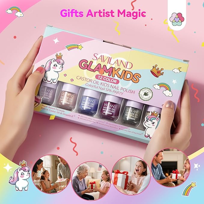 SAVILAND Glamkids Kids Nail Polish Set: Plant-Based 12 Colors Toddler Nail Polish Toxic-Free Peel-Off Kids Fingernail Polish with Nail Art Stickers Decals for Christmas Birthday Gifts Girls Ages 5-12