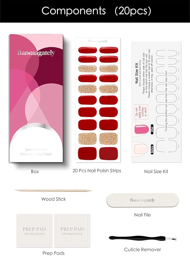 Semi Cured Gel Nail Strips, 20Pcs Long Lasting Salon Quality Wraps, Easy Apply & Remove Gel Nail Stickers with UV Light (Luxe Red Gold)