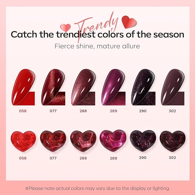 modelones Nail Polish Set 6 Colors, Dark Red Valentines Cat Eye Burgundy Glitter Quick Dry Mini Nail Lacquer Kit Magnetic Maroon Purple Cherry DIY Home Nail Art Manicure Gifts for Women Girls