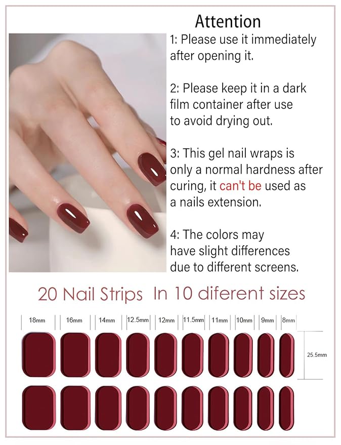 Semi Cured Gel Nail Strips, 20pcs Ancora Red Gel Nail Stickers UV, Wine Red UV Wraps for Home Nails DIY
