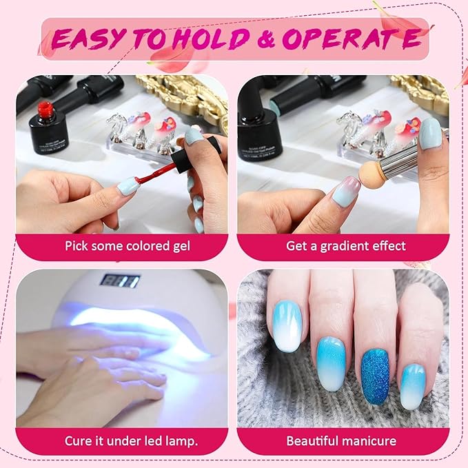 Maitys 4 Pcs UV Gel Gradient Sponges Pens with 16 Pcs Replacement Head Nail Sponges for Ombre Double Head Brush for Nail Art Manicure DIY Tools(White, Pink, Purple, Red)