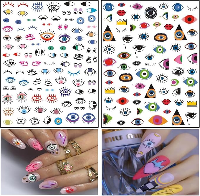 Eyes Nail Art Stickers, Funny Eye Nail Decals 3D Self-Adhesive Nail Art Design, Eyelash Eye Nail Sticker Special Acrylic Nails Supplies for Women Girls Manicure Charms Decoration Nail Decal (8 Sheets)