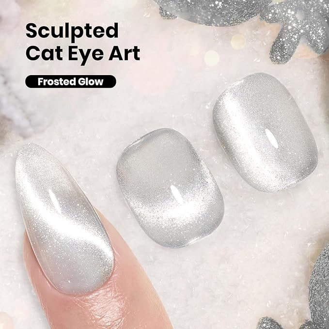 Beetles Stay Shining Silver Cat Eye Gel Nail Polish - 15ML Frosted Glow Silver Glitter Cat Eye Gel Polish with Magnet Soak Off UV Velvet Nail Polish Salon DIY Manicure Gift for Women
