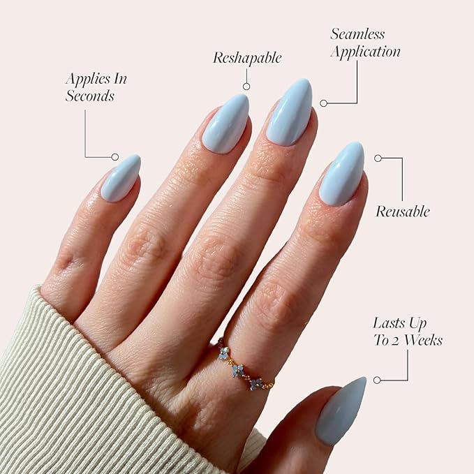 Glamnetic Press On Nails - Blueberry Milk Fake Nails | Solid Opaque Light Blue Short Almond Nails, Salon Quality | 15 Sizes - 30 Nail Kit with Glue