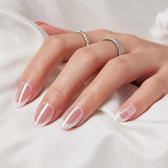 Findigit French Tip Gel Press On Nails Short - Pink Glossy Fake Nails White with Nail Glue for Women Gift, Supremely Fit Natural in 16 Sizes - 32 Stick On Nails Kit, Glossy Pink Ballet