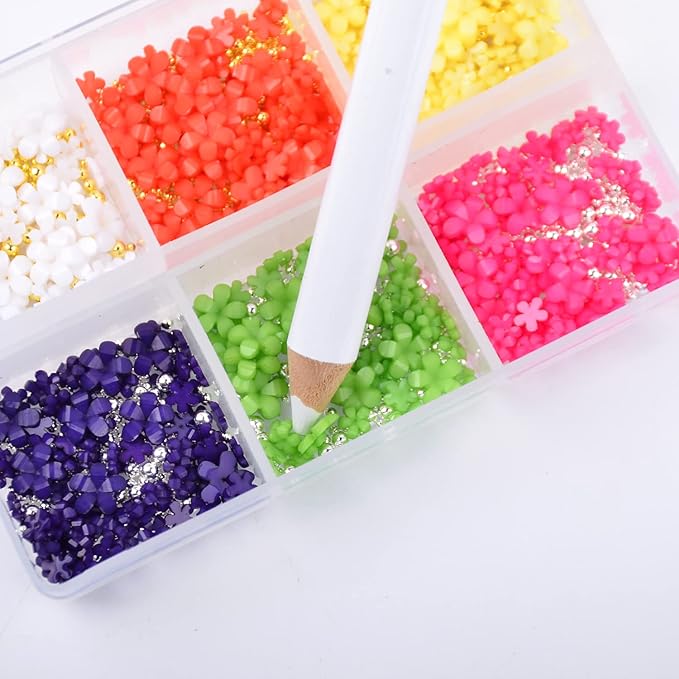 Mixed 3D Flower Nail Charms and Metal Caviar Beads, Acrylic Resin Flowers Nail Design Gold Silver Nail Ball Beads for DIY Decoration Nail Craft Accessories With Pickup Pencil（Style F)