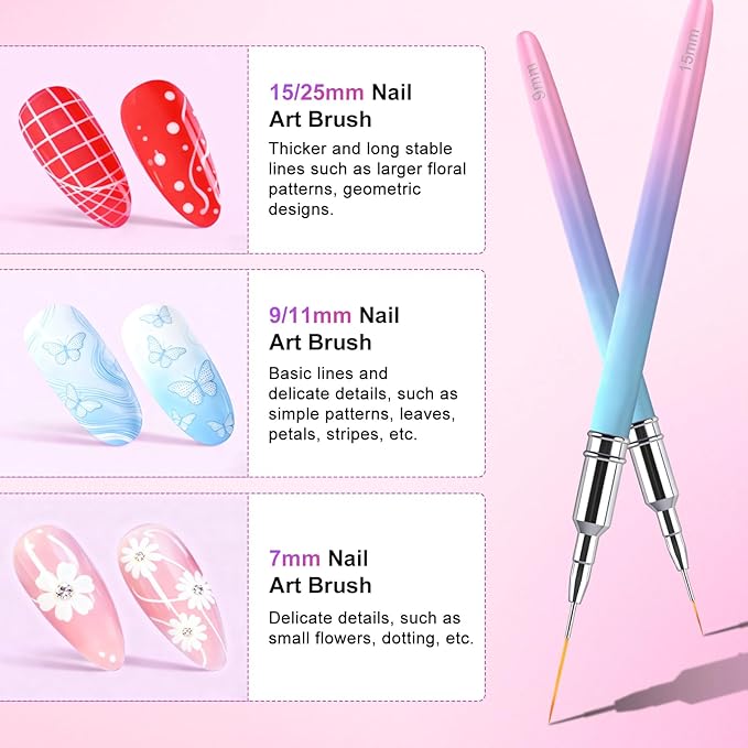 5Pcs Nail Art Pens Line Brushes Striping Nail Gel Polish Painting Brush Set Manicure Design Tools for Details Fine Painting(Sizes 7/9/11/15/25mm)