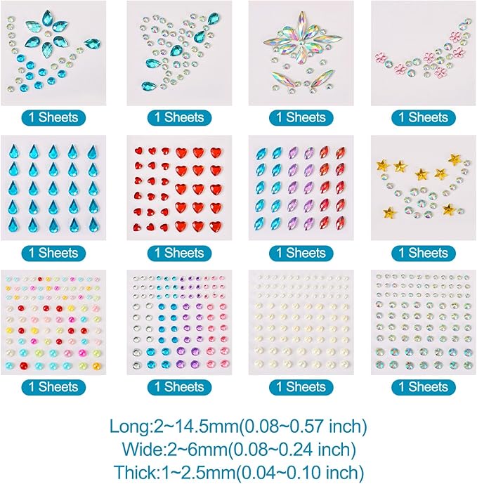 Craftdady 12 Sheets Resin Rhinestone Stickers Heart Teardrop Flower Star Stick On Face Gems Stick On Nail Body Resin Beads for Halloween Makeup Nail Art Wedding Scrapbook