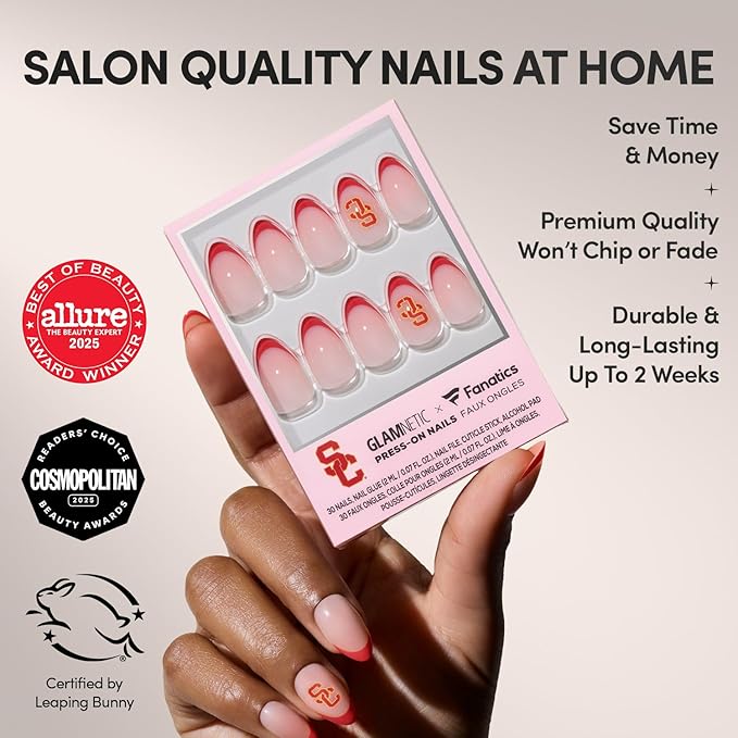 Glamnetic x Fanatics Press On Nails - USC Trojans | Short Almond Fake Nails, Collegiate Trojan Red French Tips, College Nails, Salon-Quality | 15 Sizes - 30 Nail Kit with Glue
