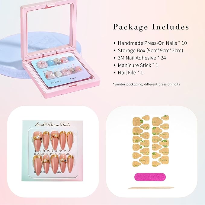Handmade Press On Nail Medium Long Coffin Ballerina Green Flower Butterfly Fake Tip 3D Design Art Charms Cute with Storage Box 10 Pcs (#009 L)