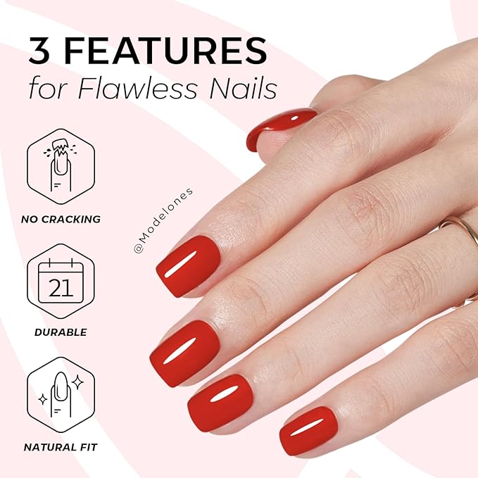 Modelones Extra Short Press on Nails, Red Squoval Fake Nails, Reusable Nail Kit with Nail Glue Adhesive Tabs Mini Nail File, Nails Press Ons 32Pcs 12 Sizes, Spring Women Girl Gift