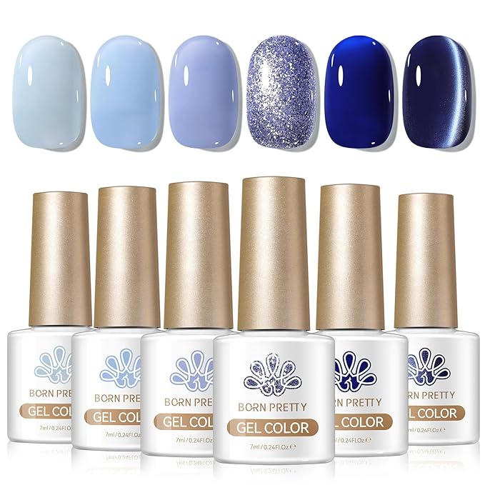 Born Pretty Blue Gel Nail Polish Series,Jelly Transparent,Cat Magnetic Eye,Shimmer Glitter Holographic Blue Gel Polish Kit for Salon Manicure and Nail Art DIY at Home
