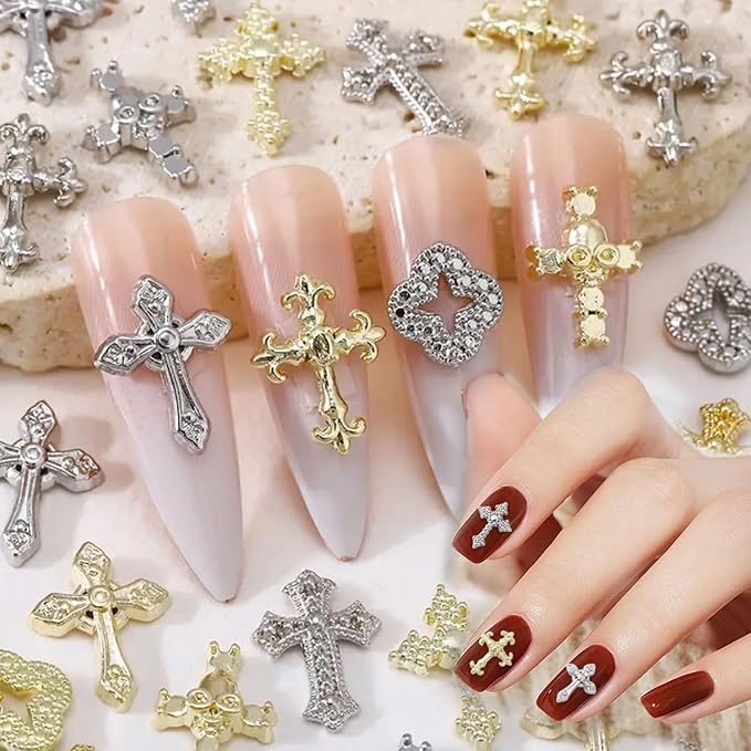 3D Cross Nail Charms for Nail Art, 60 Pcs Metal Crystal Cross Nail Decorations, Alloy Nail Studs and Rhinestones for Women Girl DIY Jewelry Crafts Supplies (Gold B)