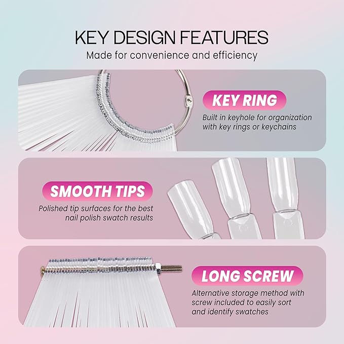 Beauticom Nail Tip Display Palette Board for Nail Art Design Pattern Practice and Swatch Nail Polish Colors (50 Tips Chart Fan (Clear), 2 Packs)