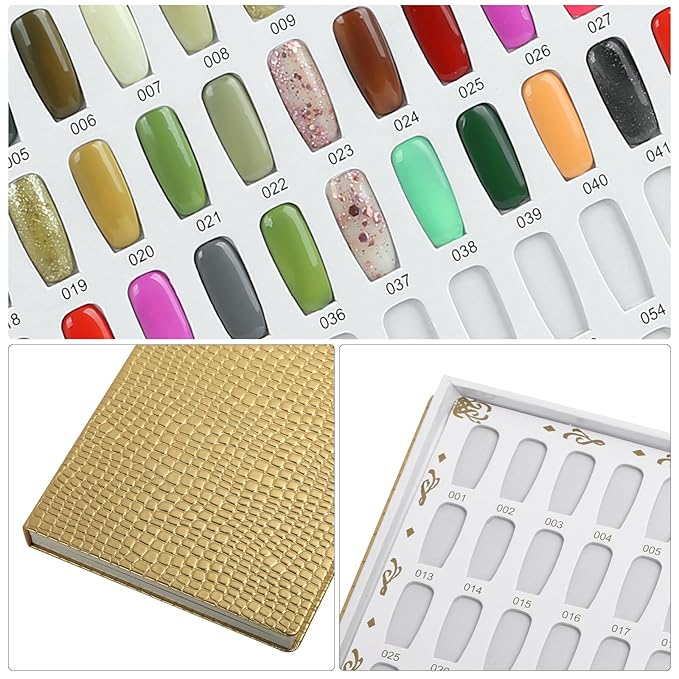 216 Colors Nail Swatches Book with 240 Nail Tips and Number Labels Leather Nail Gel Polish Display Book Nail Painting Practice Design Board No Need Pasting, No Need Glue