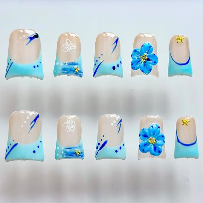 Luxury Press on Nails Short Duck Handmade 3D Unique Reusable ABS Material Fake Nails Blue French Tip False Nails with Designs Rhinestones Starfish Summer Glossy Glue on Nail Thick Acrylic Nail(M)