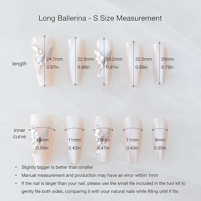 Press On Nails, Long Ballerina Coffin Shape, Nude Pink with Butterfly Rhinestone Design, Handmade False Nail 10 Pieces (Small,LB)