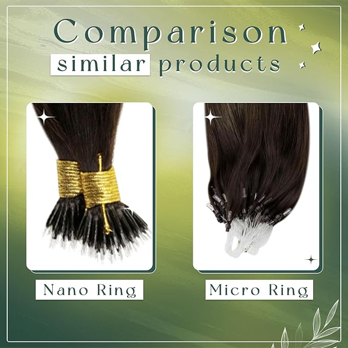 RUNATURE Nano Ring Hair Extensions Human Hair Dark Brown Ombre Brown Nano Beads Hair Extensions Real Hair 14 Inch 50g