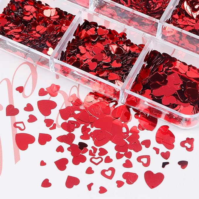 3D Nail Art Heart Red Sequin Valentine's Day Holographic Laser Romantic Stickers Nail Art Glitter Decoration Decals for Woman Girl 6 Grids