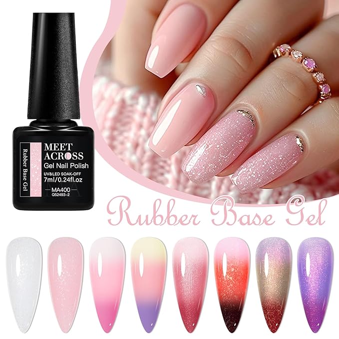 MEET ACROSS Color Changing Rubber Base Gel Nail Polish Set Pink Purple Red Builder Base Gel in a Bottle Hard Extension Gel Shimmer White Pink Cured for Nails at Home Salon DIY Beginner 12PCS