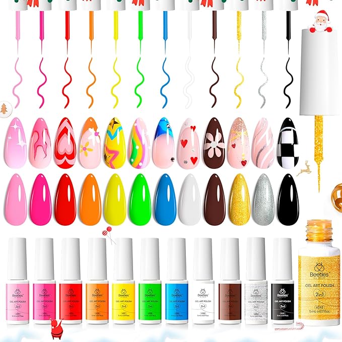 beetles Nail Art Polish Set- 12 Colors 2 IN 1 Gel Nail Polish, Pink Blue Purple Brown Black Gel Liner Polish Soak Off Nail Art Design Set, Nail Brush for Nail Painting for Women
