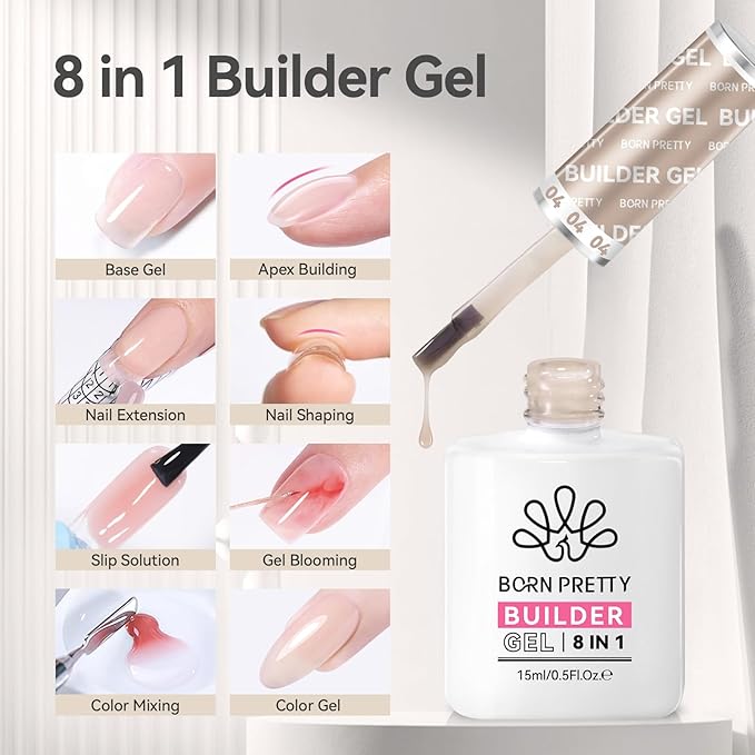 BORN PRETTY Builder Gel for Nails, 8-in-1 Extension Gel Strengthener Gel Hard Builder Nail Gel Base Top Gel, Natural Nude Gel Builder Rhinestone Nail Glue Gel in A Bottle 15ML