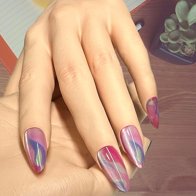 Colorful Pink Press On Nails Almond With Protective Sealer False Nail Set